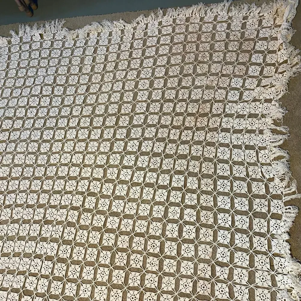 Vtg Handmade 77x112” Crocheted Table Cloth Tan Beige Crochet Bed Coverlet